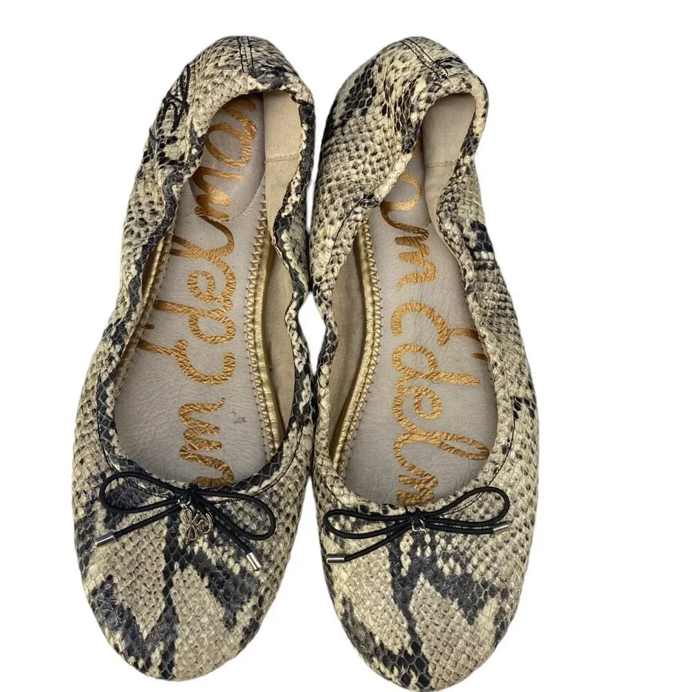 SAM EDELMAN Women Flats‎ Size 8.5 Cream Felicia Black Snake Print Slip On Ballet
